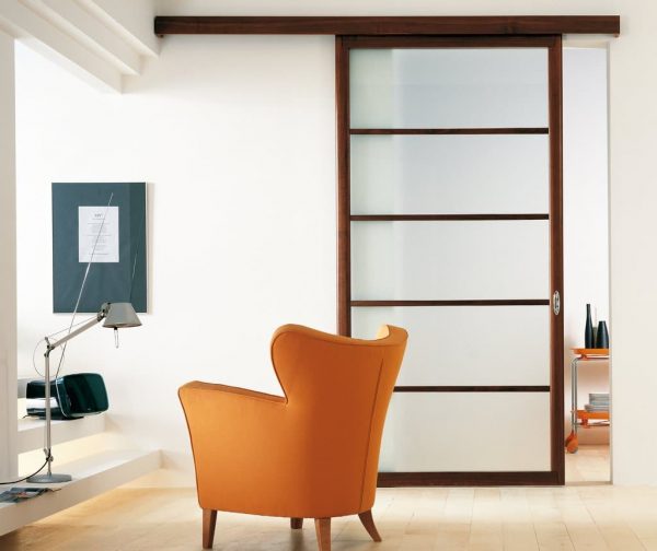 Fabulous-Blurry-Glass-Sliding-Interior-Doors-which-Has-Wooden-Frame-Facing-Orange-Wingback-Chair